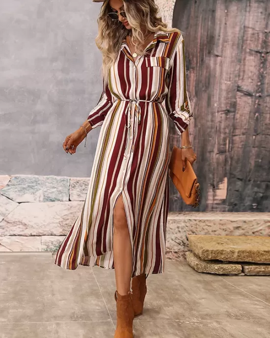 Vacation Loose Striped V-Neck Dress