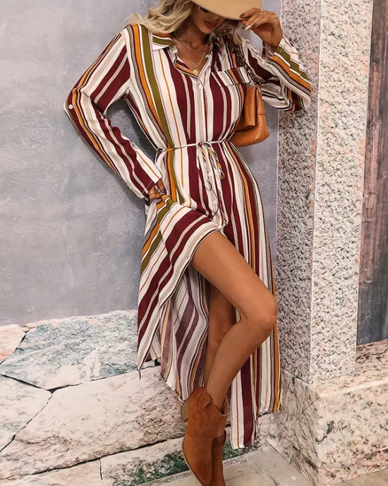 Vacation Loose Striped V-Neck Dress