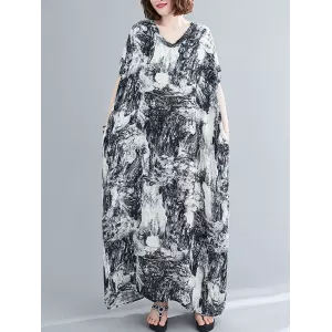 Ethnic Printed Vintage Plus Size V-Neck Loose Casual Dress