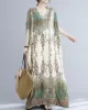 Vintage Floral Printed V-Neck Batwing Sleeves H-Line Maxi Dress