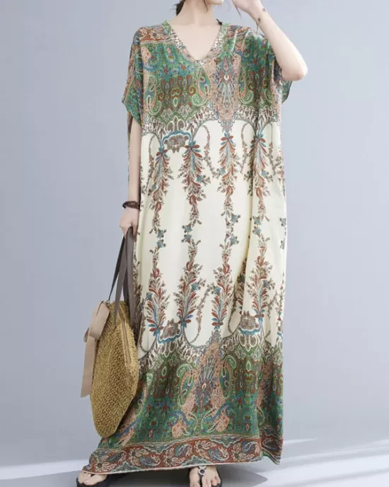 Vintage Floral Printed V-Neck Batwing Sleeves H-Line Maxi Dress