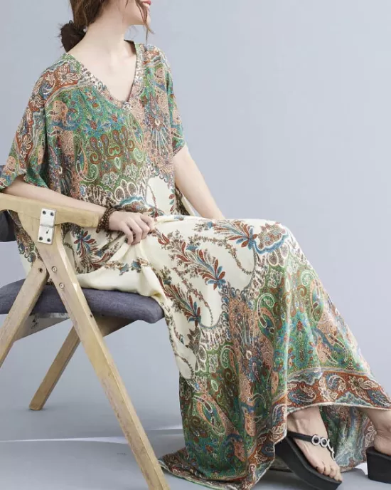 Vintage Floral Printed V-Neck Batwing Sleeves H-Line Maxi Dress