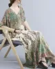 Vintage Floral Printed V-Neck Batwing Sleeves H-Line Maxi Dress