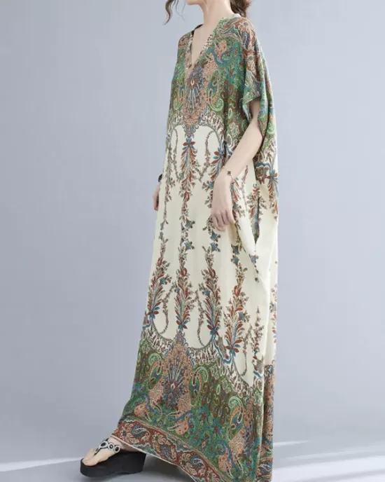 Vintage Floral Printed V-Neck Batwing Sleeves H-Line Maxi Dress