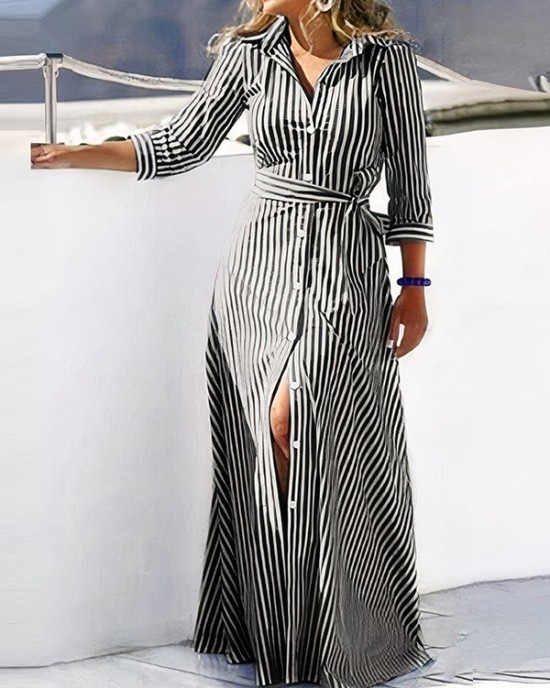 Buttoned Striped Tied Waist High Waisted Long Sleeves V-neck Shirt Dress Maxi Dresses