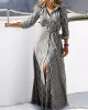 Buttoned Striped Tied Waist High Waisted Long Sleeves V-neck Shirt Dress Maxi Dresses