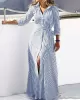 Buttoned Striped Tied Waist High Waisted Long Sleeves V-neck Shirt Dress Maxi Dresses