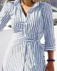 Buttoned Striped Tied Waist High Waisted Long Sleeves V-neck Shirt Dress Maxi Dresses