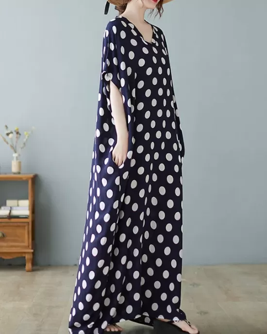 Urban Loose Batwing Sleeves Polka-Dot Printed A-Line Maxi Dress