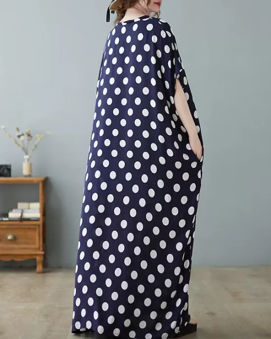 Urban Loose Batwing Sleeves Polka-Dot Printed A-Line Maxi Dress