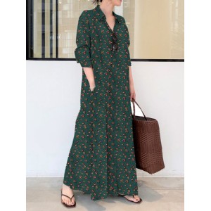 Vintage Printed Lapel Long Sleeve Shirt Maxi Dress