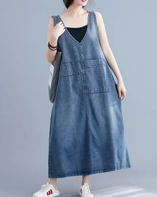 Loose Sleeveless Denim V-Neck Midi Dress