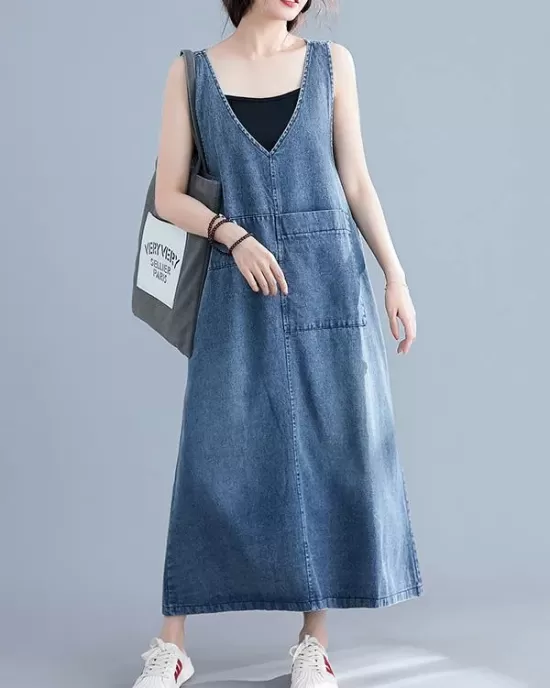 Loose Sleeveless Denim V-Neck Midi Dress