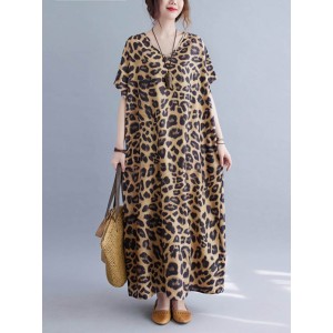 Loose Leopard V-Neck Batwing Sleeves Maxi Dress