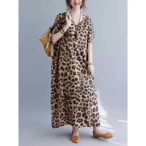 Loose Leopard V-Neck Batwing Sleeves Maxi Dress