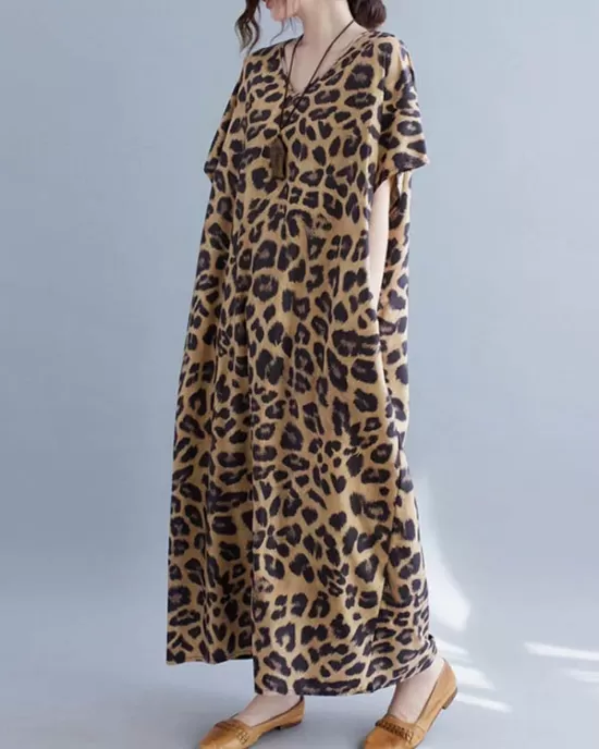 Loose Leopard V-Neck Batwing Sleeves Maxi Dress