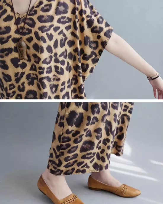 Loose Leopard V-Neck Batwing Sleeves Maxi Dress