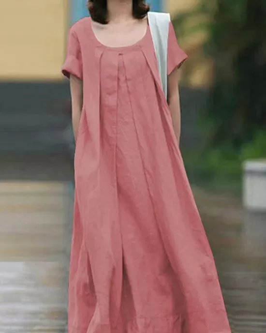 Simple Solid Color U-Neck Pleated Short Sleeves Maxi Dress