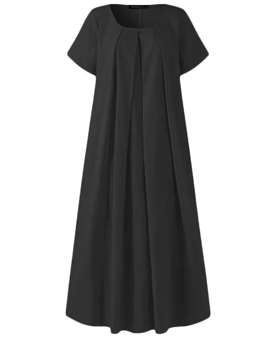 Simple Solid Color U-Neck Pleated Short Sleeves Maxi Dress