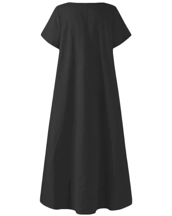 Simple Solid Color U-Neck Pleated Short Sleeves Maxi Dress