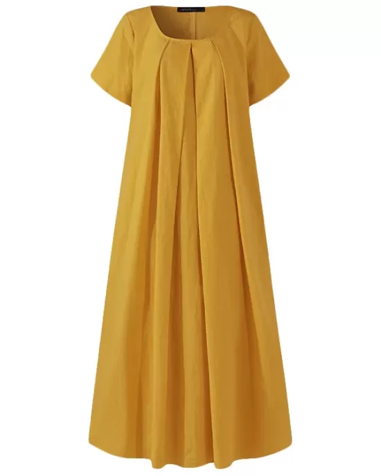 Simple Solid Color U-Neck Pleated Short Sleeves Maxi Dress