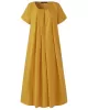 Simple Solid Color U-Neck Pleated Short Sleeves Maxi Dress