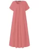 Simple Solid Color U-Neck Pleated Short Sleeves Maxi Dress