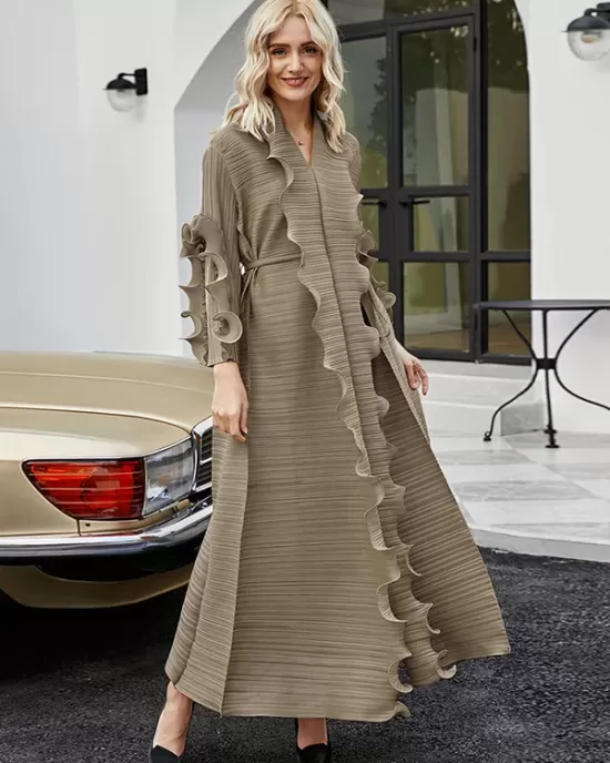 Original Loose Long Sleeves Tied Pleated Falbala Solid Color V-Neck Maxi Dresses