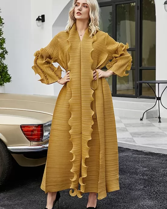 Original Loose Long Sleeves Tied Pleated Falbala Solid Color V-Neck Maxi Dresses