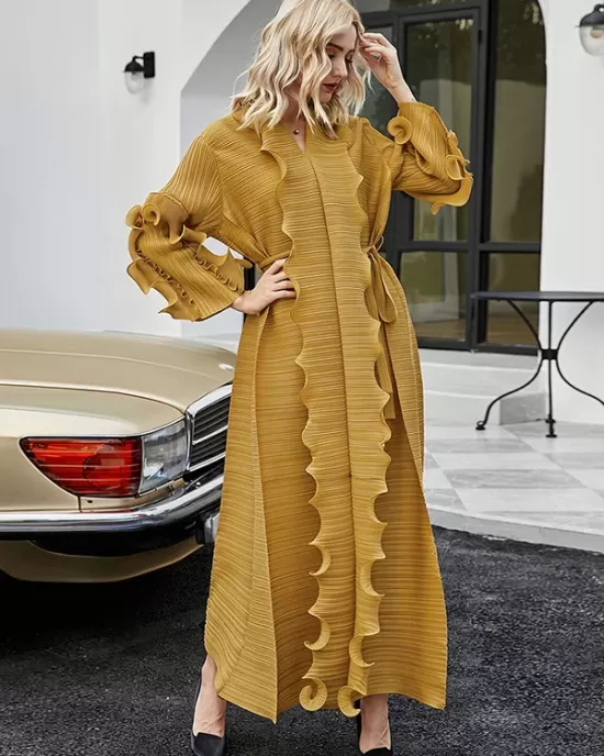 Original Loose Long Sleeves Tied Pleated Falbala Solid Color V-Neck Maxi Dresses