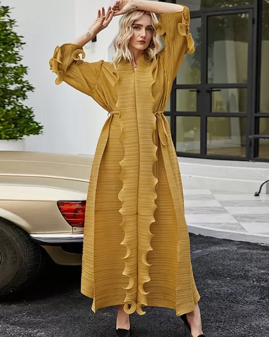 Original Loose Long Sleeves Tied Pleated Falbala Solid Color V-Neck Maxi Dresses