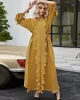 Original Loose Long Sleeves Tied Pleated Falbala Solid Color V-Neck Maxi Dresses