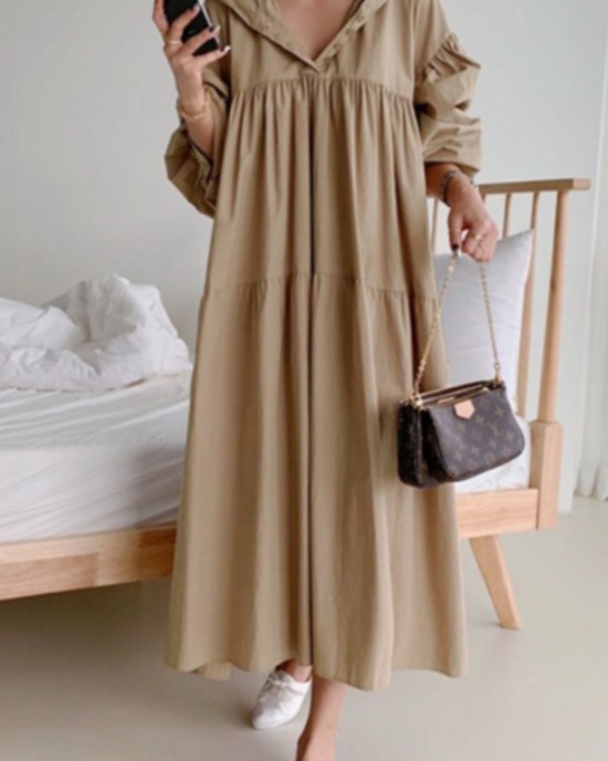 Urban Solid Color Pleated Long Sleeves Hooded Midi Dress