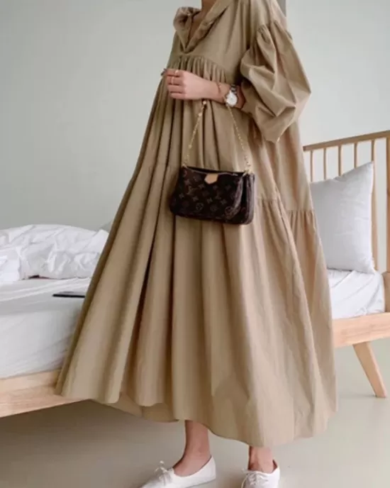 Urban Solid Color Pleated Long Sleeves Hooded Midi Dress