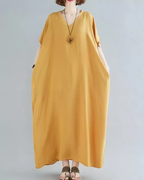 9 Colors Loose Solid Color V-Neck Maxi Dress