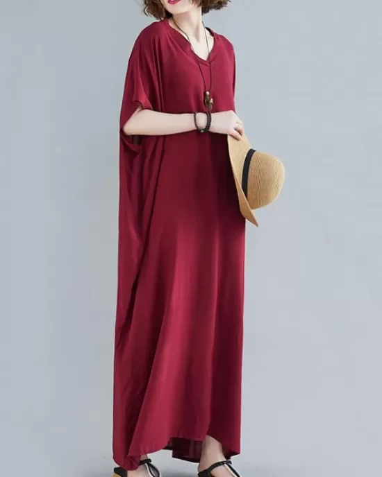 9 Colors Loose Solid Color V-Neck Maxi Dress