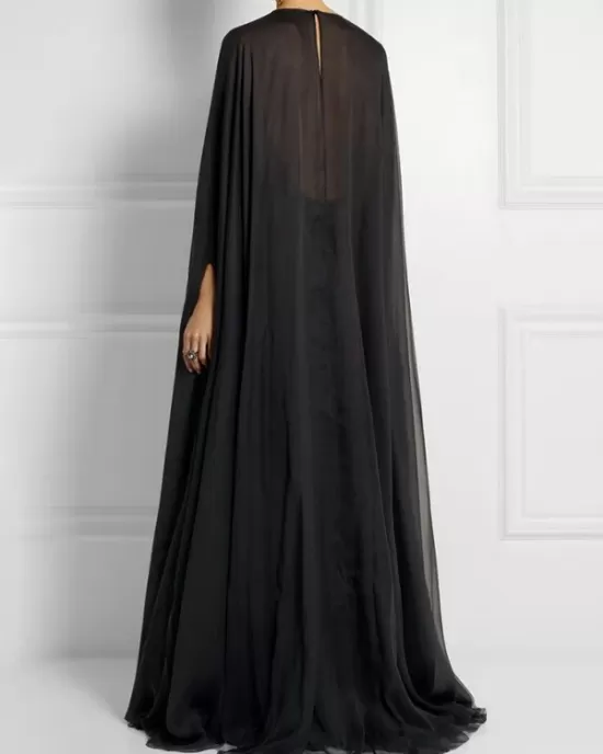 Simple Two Pieces Inner Slip Dress+See Through Outer Cape Maxi Dress