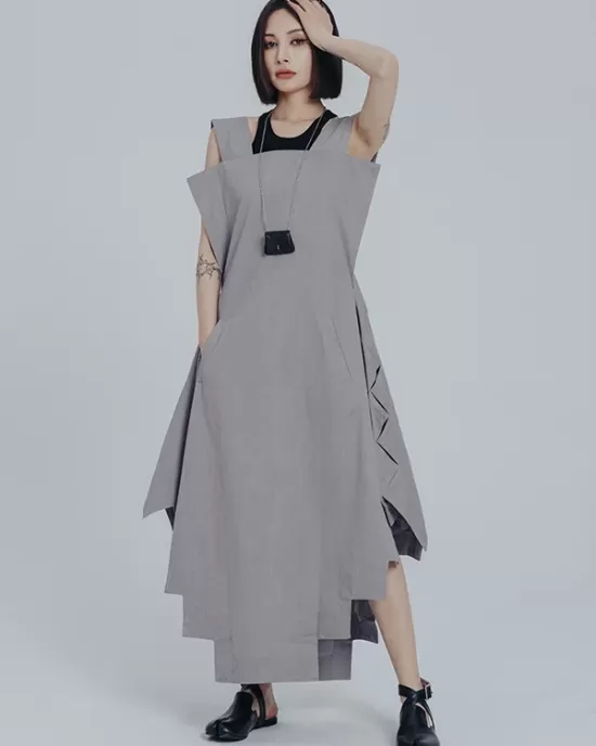 Casual Loose Sleeveless Irregular Gray Maxi Dress