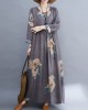 Casual Loose Pleated Flower Printed Round-Neck Long Sleeves Maxi Dress