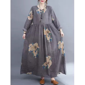 Casual Loose Pleated Flower Printed Round-Neck Long Sleeves Maxi Dress