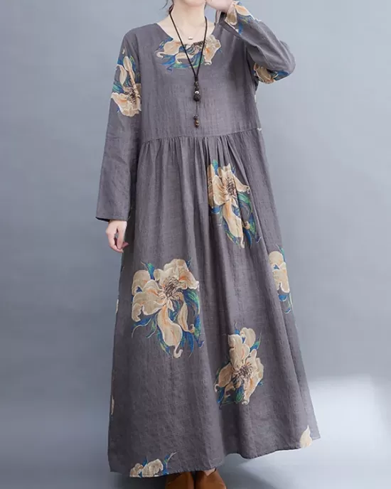 Casual Loose Pleated Flower Printed Round-Neck Long Sleeves Maxi Dress