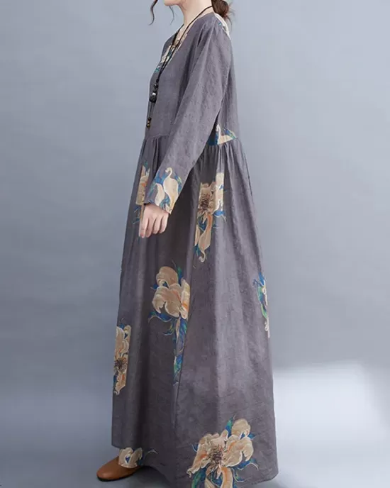 Casual Loose Pleated Flower Printed Round-Neck Long Sleeves Maxi Dress