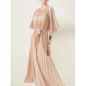 Loose Pleated With Waistband Solid Color Round-Neck Maxi Dresses