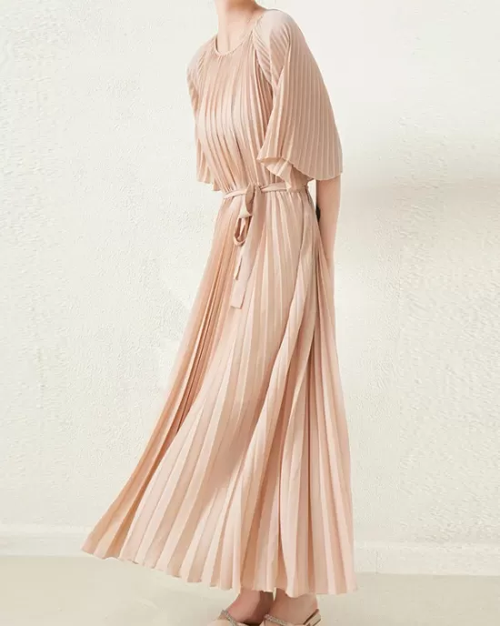 Loose Pleated With Waistband Solid Color Round-Neck Maxi Dresses