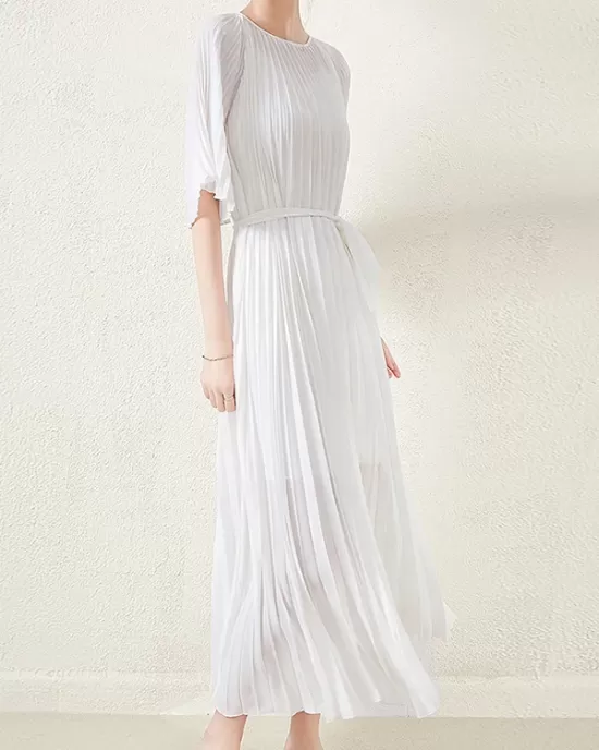 Loose Pleated With Waistband Solid Color Round-Neck Maxi Dresses