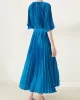 Loose Pleated With Waistband Solid Color Round-Neck Maxi Dresses