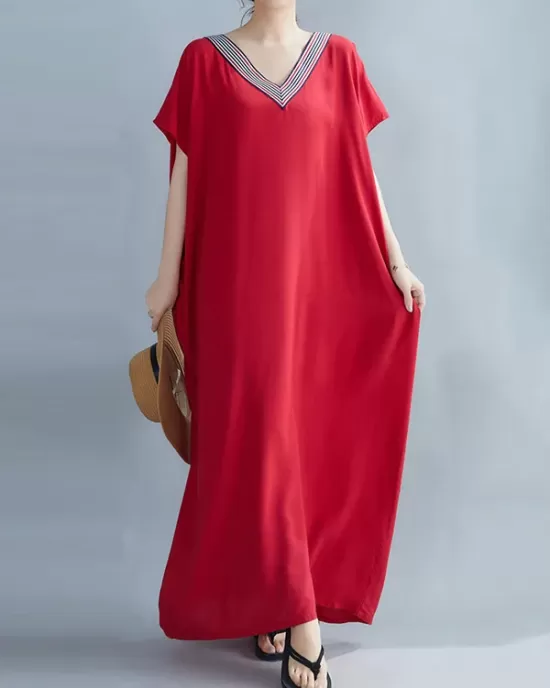 Casual Artistic Retro Striped V-Neck Short Sleeves Maxi Dress