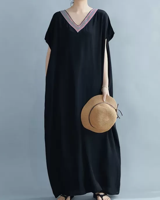 Casual Artistic Retro Striped V-Neck Short Sleeves Maxi Dress