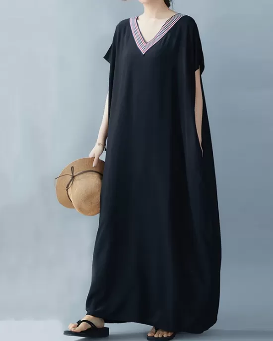 Casual Artistic Retro Striped V-Neck Short Sleeves Maxi Dress