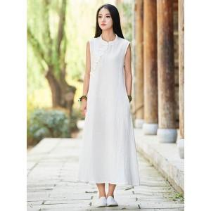 White Ramie Cotton Sleeveless Linen Dress